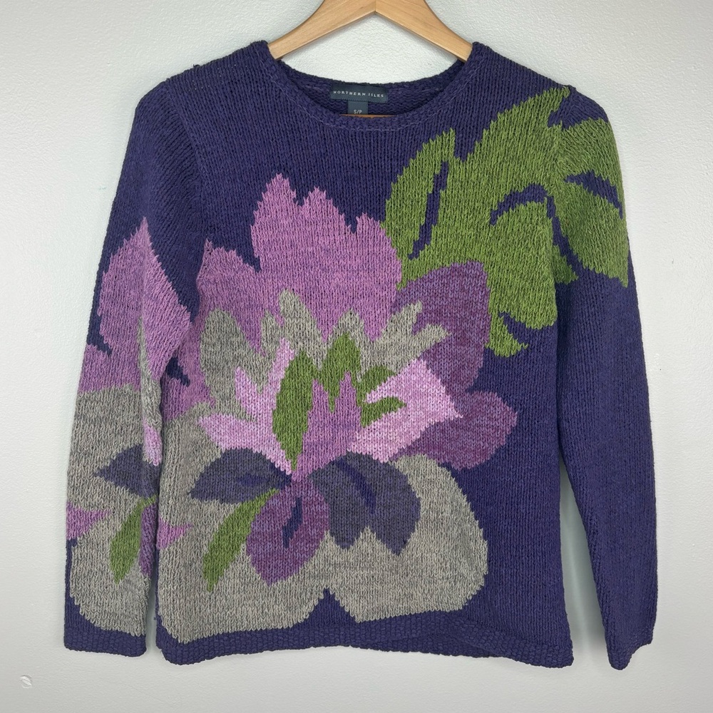 Northern Isles Purple Floral Knit Grandma Cozy Pullover Sweater